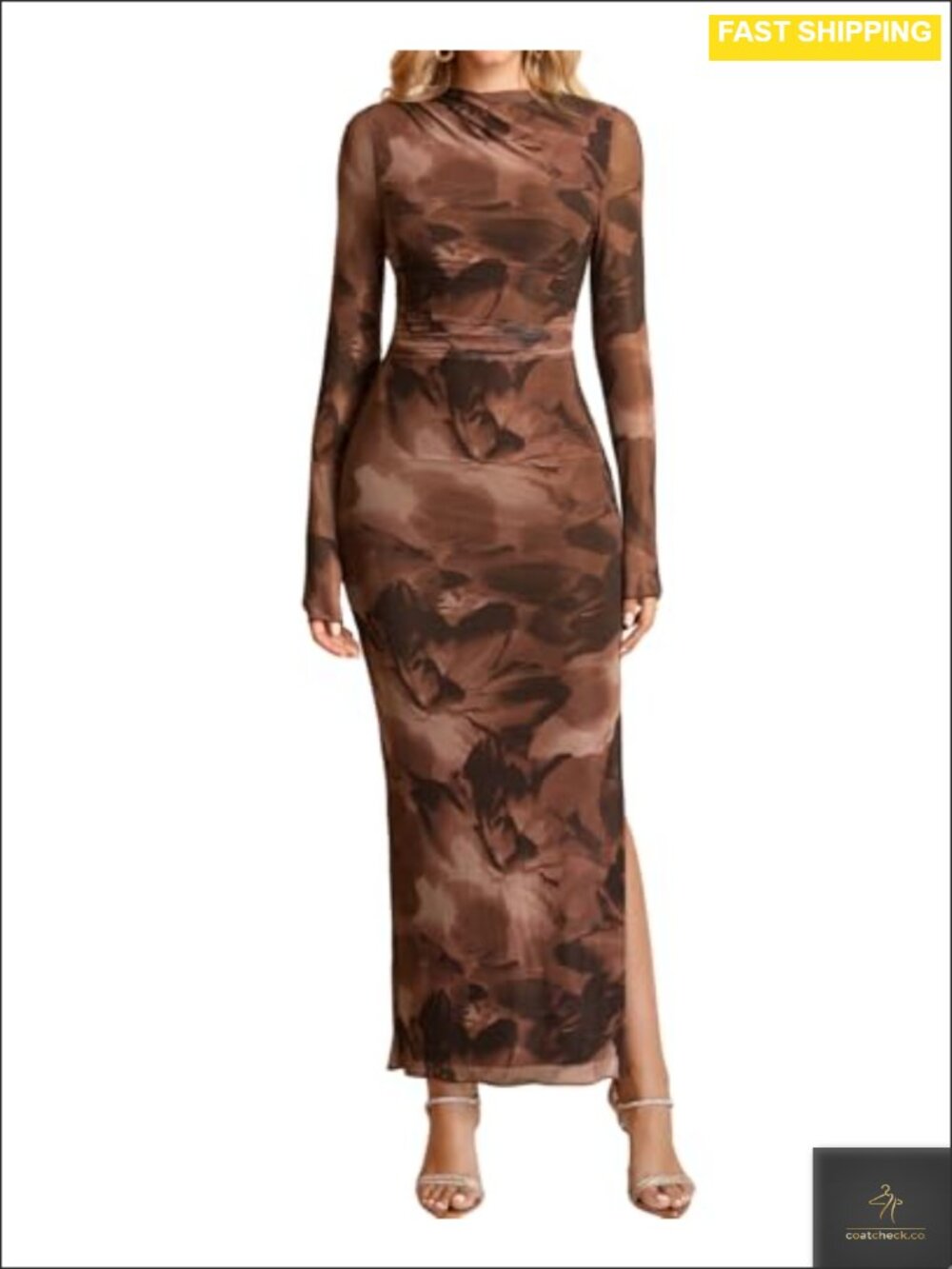 Women's Long Sleeve Bodycon Maxi Dress Mesh Mock Neck Formal